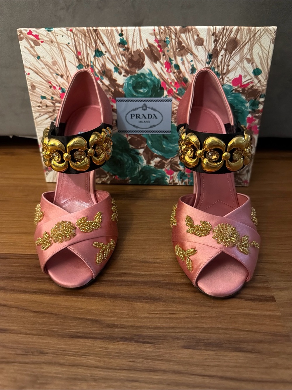Prada Pink Satin Open-Toe Beaded Floral Heels with Jeweled Chain Detailing RARE